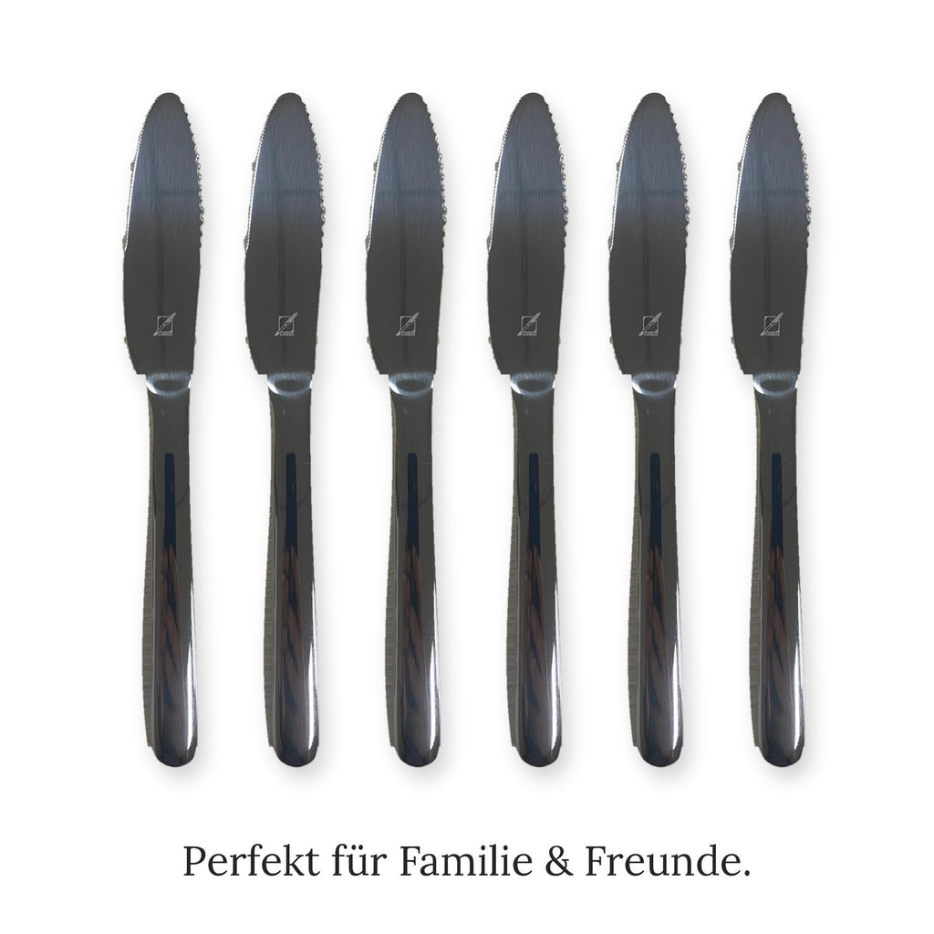 Sechs ANIRIUS® 2-in-1 Messer aus Edelstahl nebeneinander