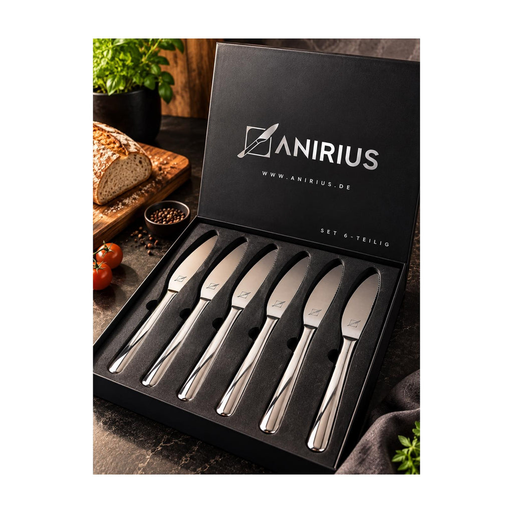 ANIRIUS® 2-in-1 Messer 6er-Set in der offenen schwarzen Geschenkbox